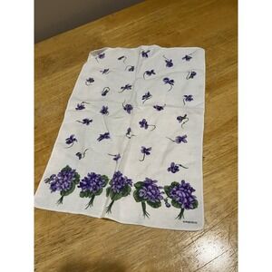 Vintage Kreier Linen Tea Towel‎ Violet Purple Flowers Wall Hanging 16x11 1/2"